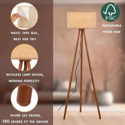 Wood Tripod Floor Lamp | Fabric Drum Shade on Brown Wood Legs | 3-Color LED Bulb Included, Foot Switch