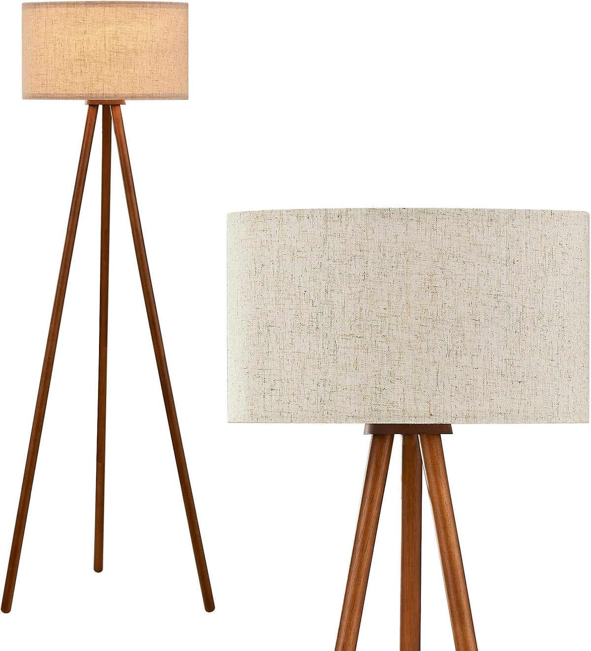 Wood Tripod Floor Lamp | Fabric Drum Shade on Brown Wood Legs | 3-Color LED Bulb Included, Foot Switch