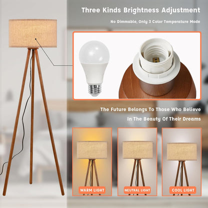 Wood Tripod Floor Lamp | Fabric Drum Shade on Brown Wood Legs | 3-Color LED Bulb Included, Foot Switch