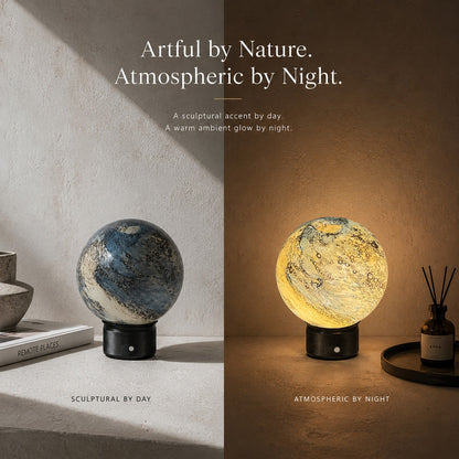 Cordless Glass Globe Lamp | 5.8 in Blue Glass Globe on a Metal Base | Rechargeable, 3 Brightness Levels, 25 Hours