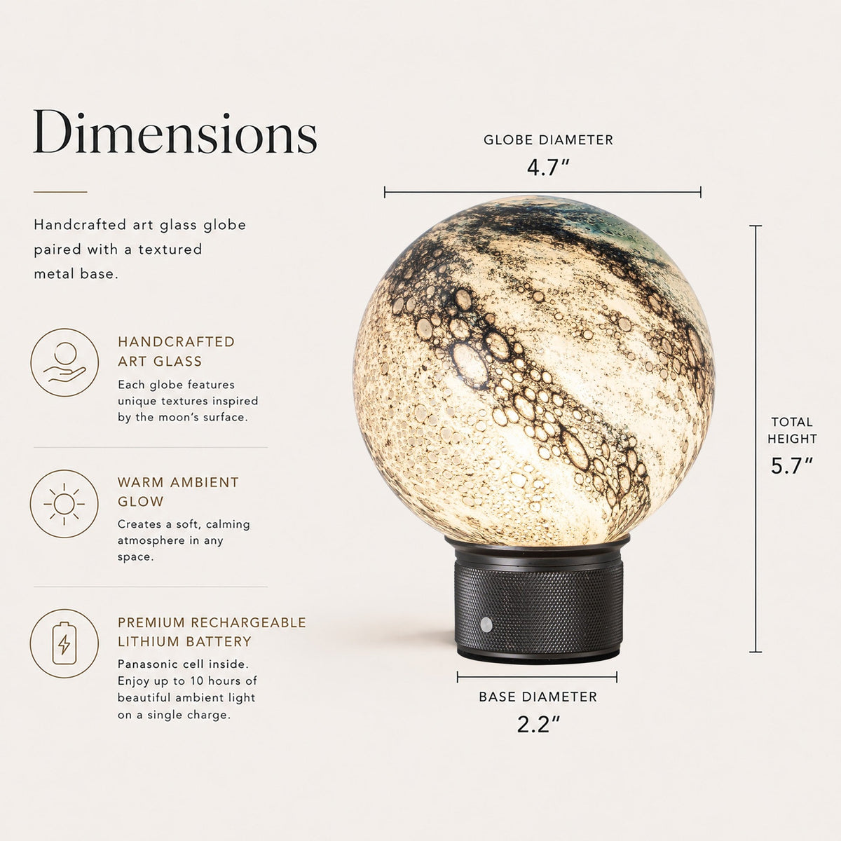 Cordless Glass Globe Lamp | 5.8 in Blue Glass Globe on a Metal Base | Rechargeable, 3 Brightness Levels, 25 Hours