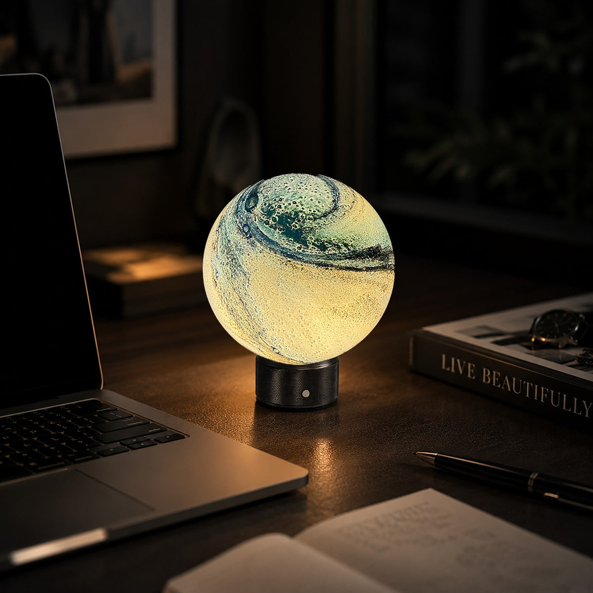 Cordless Glass Globe Lamp | 5.8 in Blue Glass Globe on a Metal Base | Rechargeable, 3 Brightness Levels, 25 Hours
