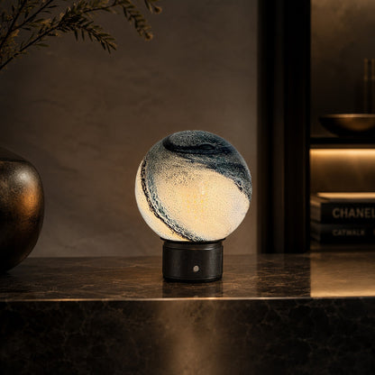 Cordless Glass Globe Lamp | 5.8 in Blue Glass Globe on a Metal Base | Rechargeable, 3 Brightness Levels, 25 Hours
