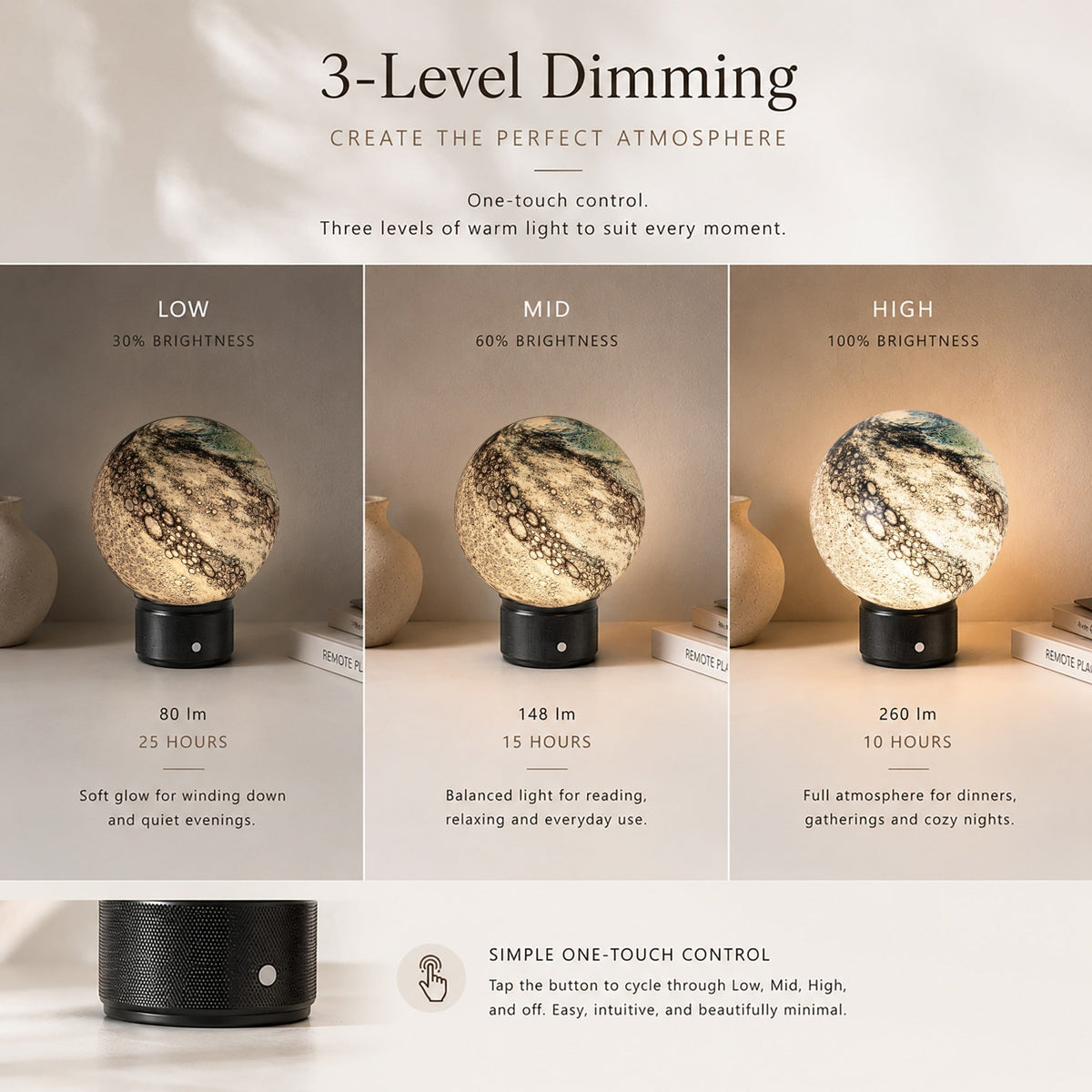 Cordless Glass Globe Lamp | 5.8 in Blue Glass Globe on a Metal Base | Rechargeable, 3 Brightness Levels, 25 Hours