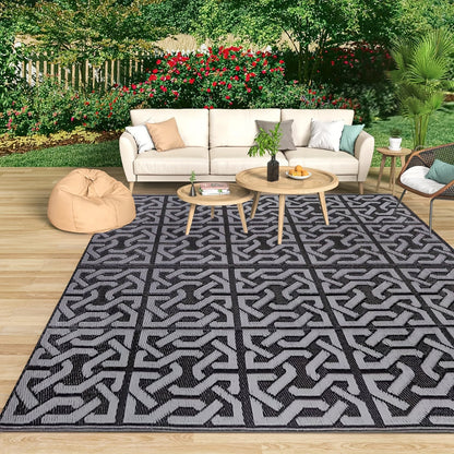 Outdoor Rug | Reversible Black & Grey Geometric Mat, Lightweight & Easy to Clean