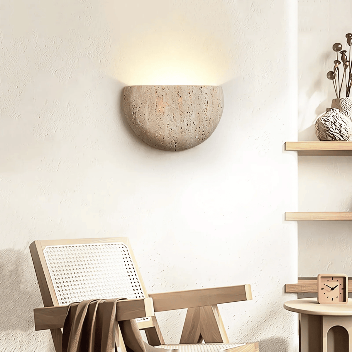 Travertine Stone Wall Sconce | Half-Bowl Uplight, G9 LED Bulb Included | 7.9 in Wabi-Sabi Wall Washer, Hardwired
