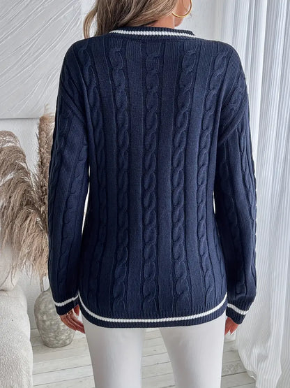 Women's Cable Knit Sweater | V-Neck, Soft Knit Blend, Relaxed Fit | Navy with White Striped Trim, S to 3XL