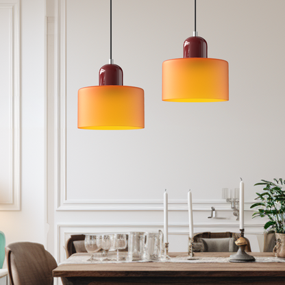 Colored Glass Drum Pendant Light | 5.9 in Bauhaus Shade with Contrast Cap | 36 Color Combos, Adjustable Cord