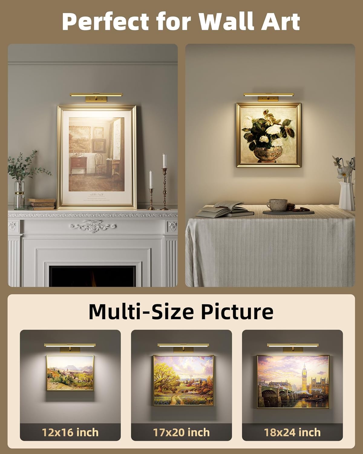 Rechargeable Picture Light | Cordless LED Bar, Magnetic Mount, USB-C | Remote & Touch Dimming, Timer, Gold or Black