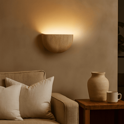 Travertine Stone Wall Sconce | Half-Bowl Uplight, G9 LED Bulb Included | 7.9 in Wabi-Sabi Wall Washer, Hardwired