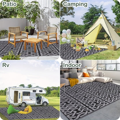 Outdoor Rug | Reversible Black & Grey Geometric Mat, Lightweight & Easy to Clean