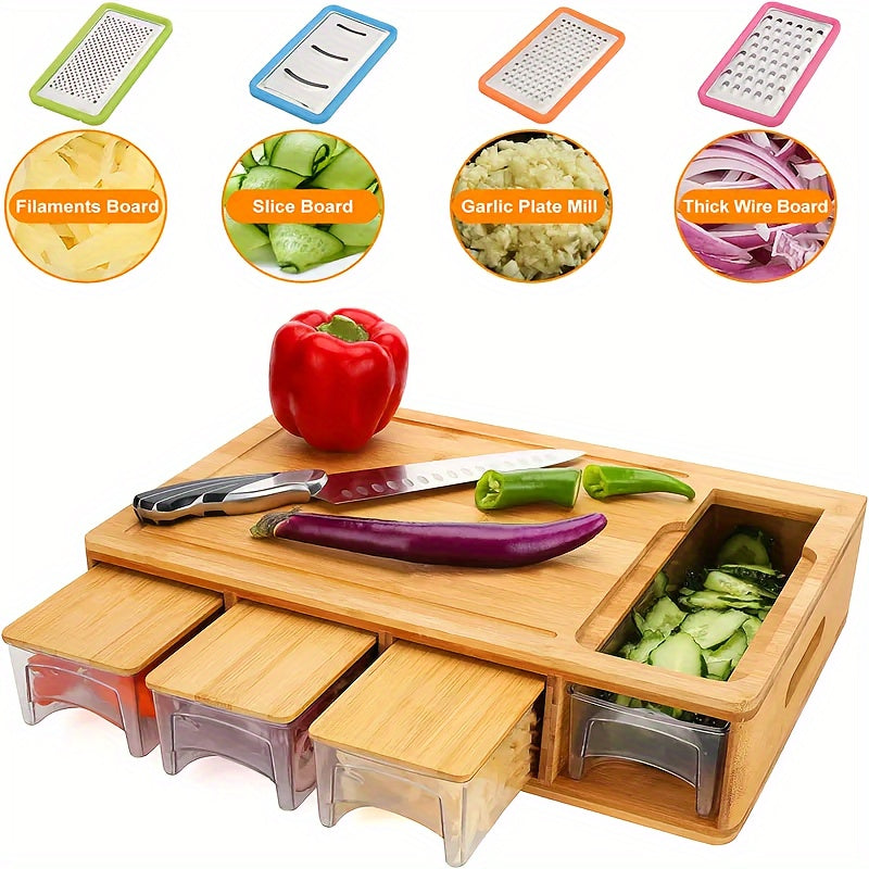 Bamboo Cutting Board Set | 4 Interchangeable Blades, Built-In Storage Trays