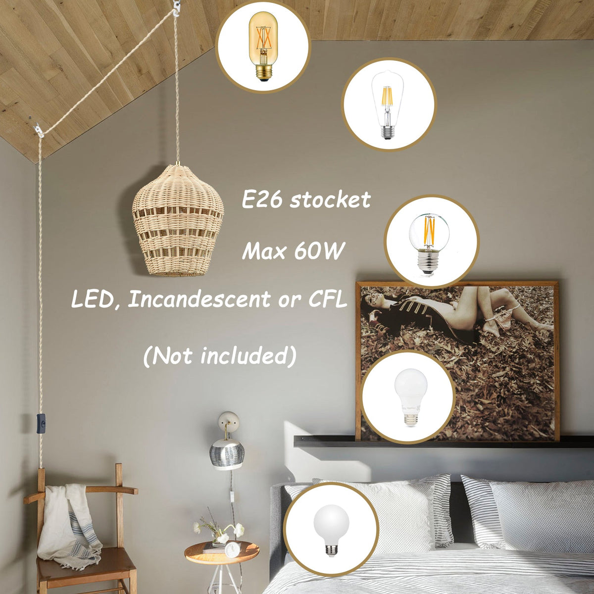 Rattan Plug-In Pendant Light | Woven Boho Shade, 16.4 ft Cord with Switch | E26, Kitchen & Bedroom Hanging Lamp