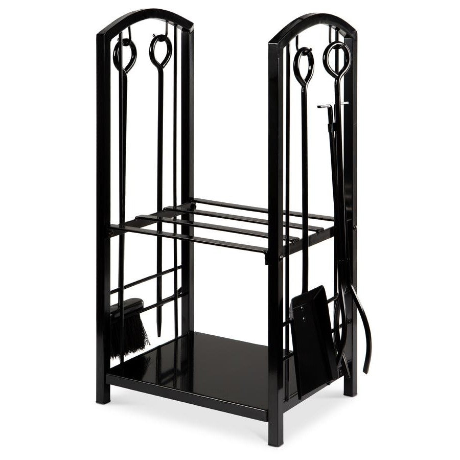 Firewood Log Rack with Tools | 29 in Wrought Iron Holder with 2 Shelves | Poker, Shovel, Brush and Hook Set