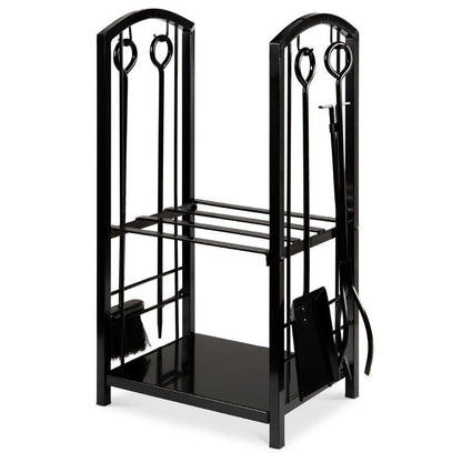 Firewood Log Rack with Tools | 29 in Wrought Iron Holder with 2 Shelves | Poker, Shovel, Brush and Hook Set
