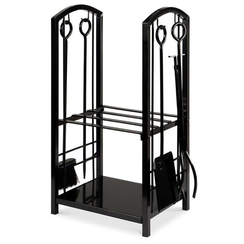 Firewood Log Rack with Tools | 29 in Wrought Iron Holder with 2 Shelves | Poker, Shovel, Brush and Hook Set
