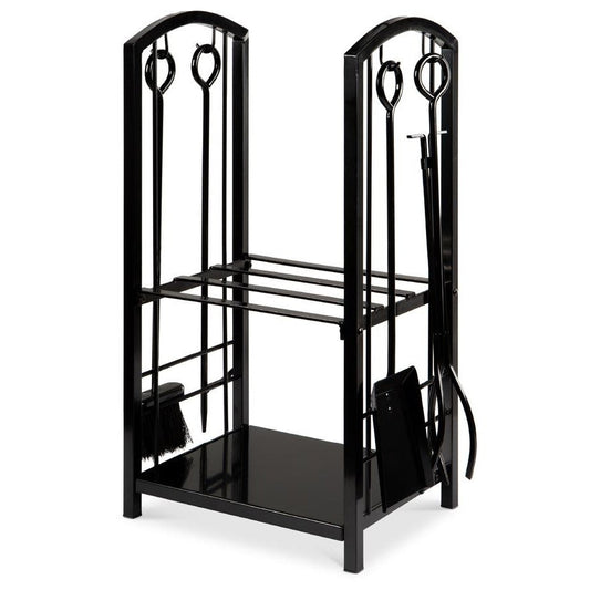 Firewood Log Rack with Tools | 29 in Wrought Iron Holder with 2 Shelves | Poker, Shovel, Brush and Hook Set