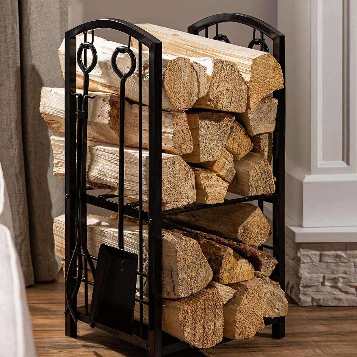 Firewood Log Rack with Tools | 29 in Wrought Iron Holder with 2 Shelves | Poker, Shovel, Brush and Hook Set