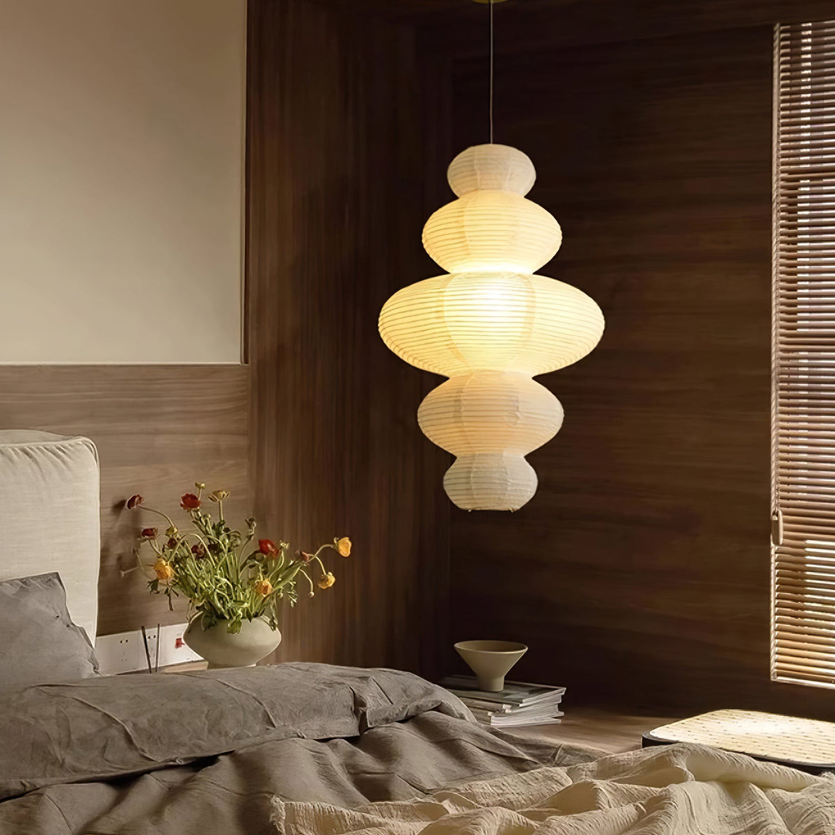Rice Paper Pendant Light | 18.5 x 32 in Sculptural Paper Shade on a Bamboo Frame | Plug-In, 15 ft Cord, E26