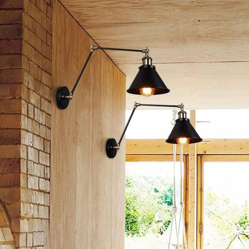 Swing Arm Wall Sconce | Black Metal Cone Shade, 16 in Folding Arm | Plug-In or Hardwired, Single or Set of 2
