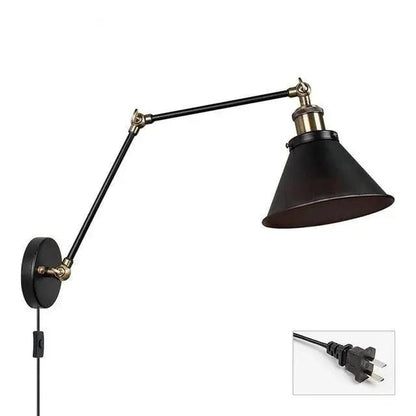 Swing Arm Wall Sconce | Black Metal Cone Shade, 16 in Folding Arm | Plug-In or Hardwired, Single or Set of 2