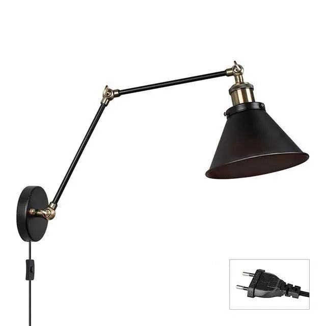 Swing Arm Wall Sconce | Black Metal Cone Shade, 16 in Folding Arm | Plug-In or Hardwired, Single or Set of 2
