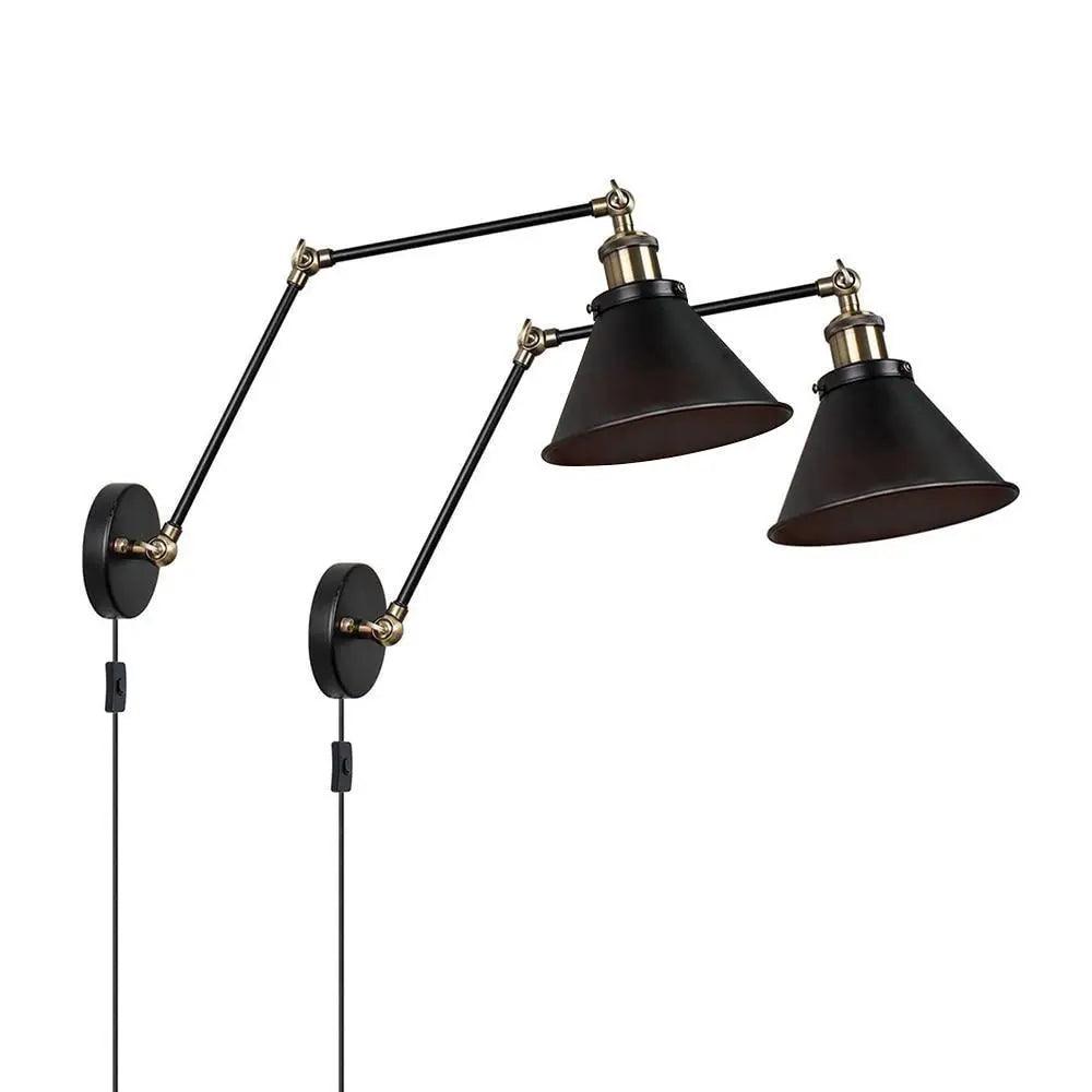 Swing Arm Wall Sconce | Black Metal Cone Shade, 16 in Folding Arm | Plug-In or Hardwired, Single or Set of 2