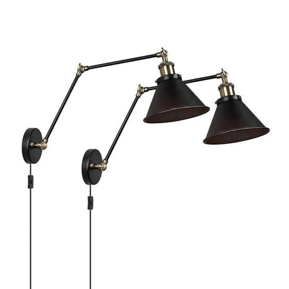 Swing Arm Wall Sconce | Black Metal Cone Shade, 16 in Folding Arm | Plug-In or Hardwired, Single or Set of 2