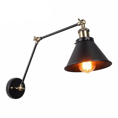 Swing Arm Wall Sconce | Black Metal Cone Shade, 16 in Folding Arm | Plug-In or Hardwired, Single or Set of 2