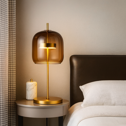 Glass Dome Table Lamp | Amber, Smoky Gray or Clear Glass on Gold Stem | 17 in Bedside Lamp, LED Included