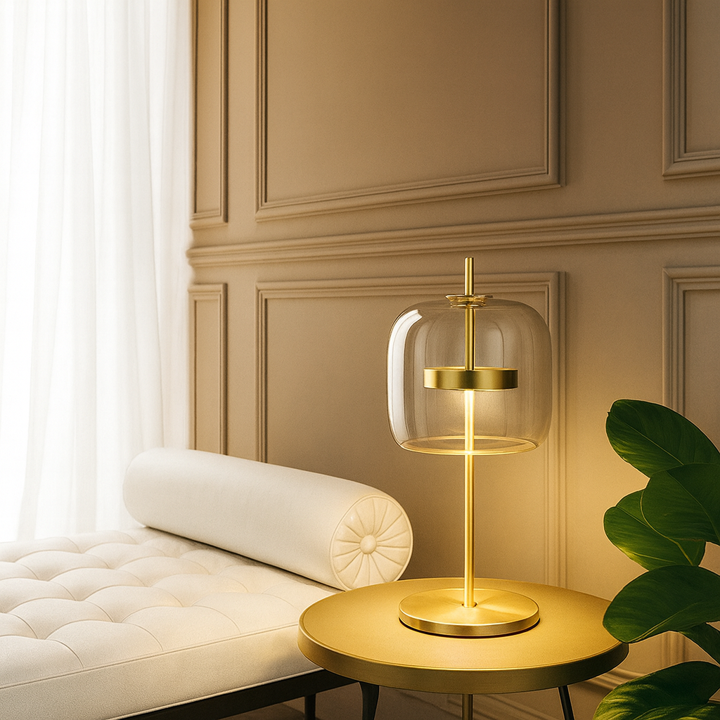 Glass Dome Table Lamp | Amber, Smoky Gray or Clear Glass on Gold Stem | 17 in Bedside Lamp, LED Included