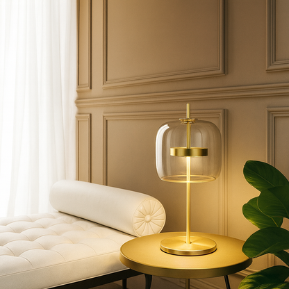 Glass Dome Table Lamp | Amber, Smoky Gray or Clear Glass on Gold Stem | 17 in Bedside Lamp, LED Included