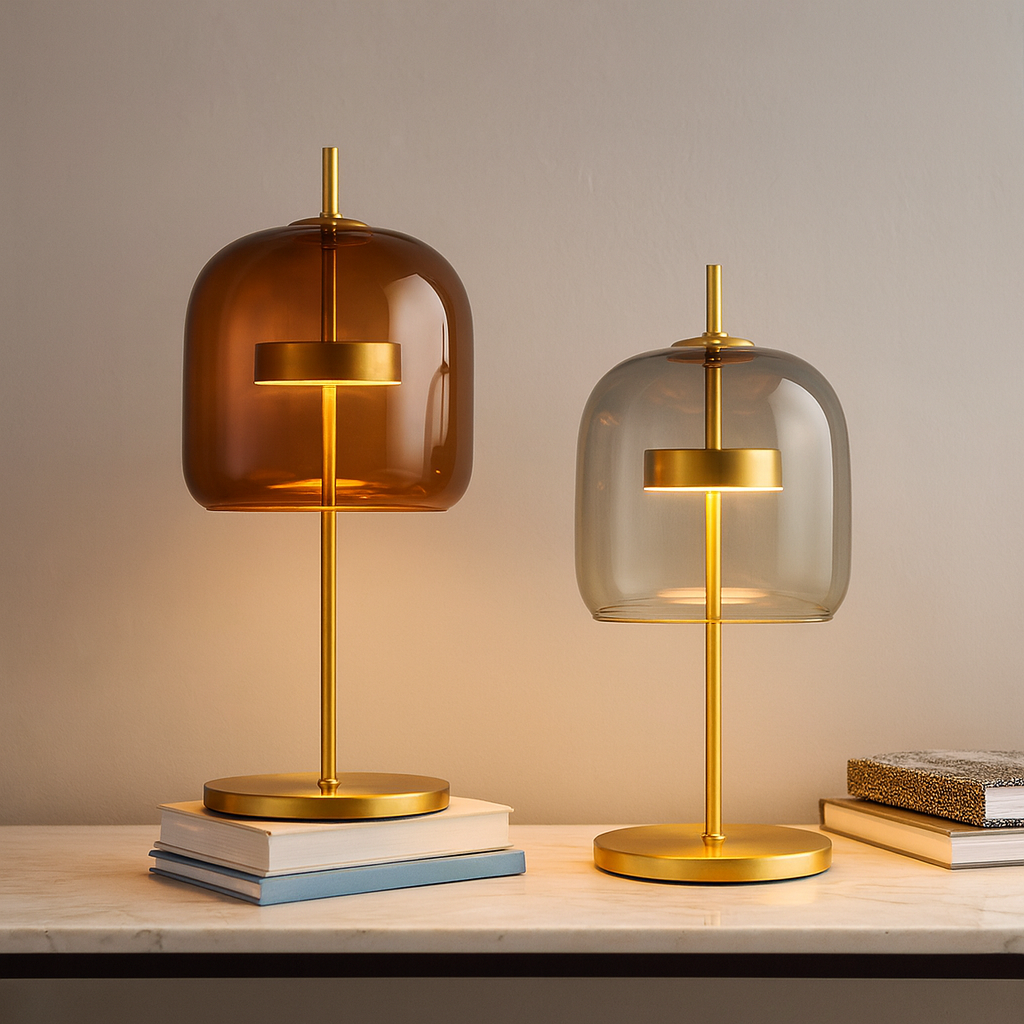 Glass Dome Table Lamp | Amber, Smoky Gray or Clear Glass on Gold Stem | 17 in Bedside Lamp, LED Included