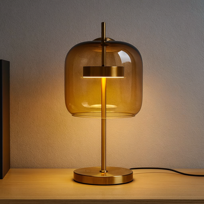 Glass Dome Table Lamp | Amber, Smoky Gray or Clear Glass on Gold Stem | 17 in Bedside Lamp, LED Included