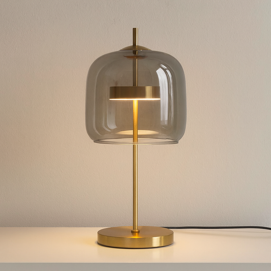 Glass Dome Table Lamp | Amber, Smoky Gray or Clear Glass on Gold Stem | 17 in Bedside Lamp, LED Included