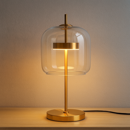 Glass Dome Table Lamp | Amber, Smoky Gray or Clear Glass on Gold Stem | 17 in Bedside Lamp, LED Included