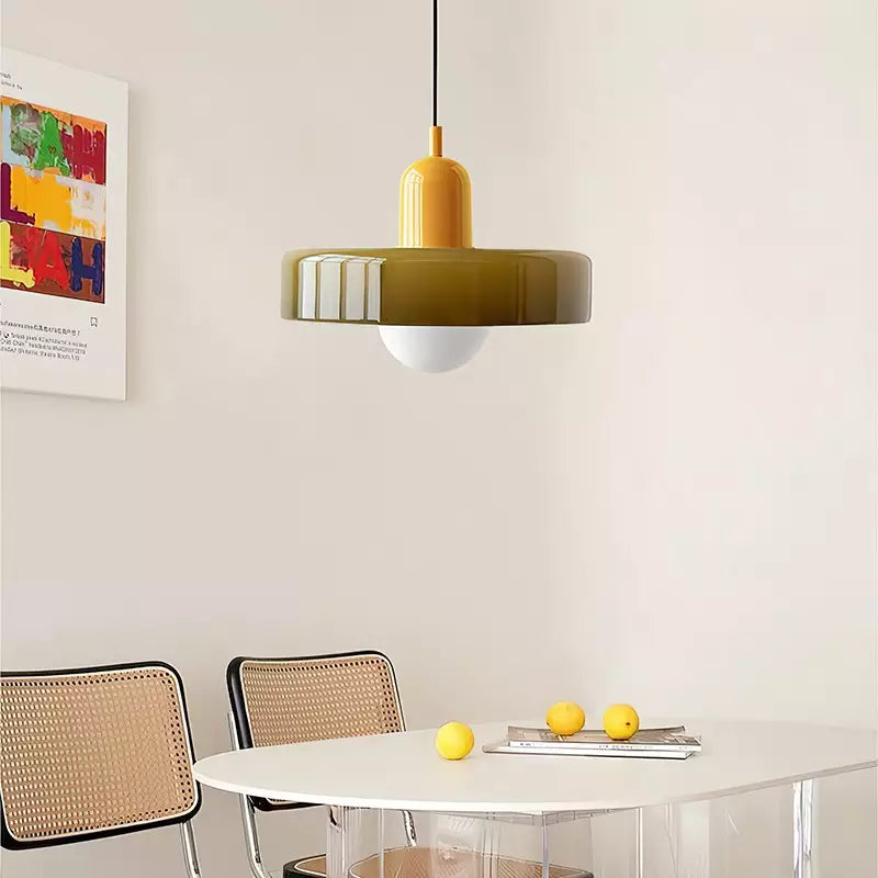 Bauhaus Pendant Light | Two-Tone Glass Ring Shade over Milky Globe, G9 | 9.8 or 13.8 in, 24 Color Combos