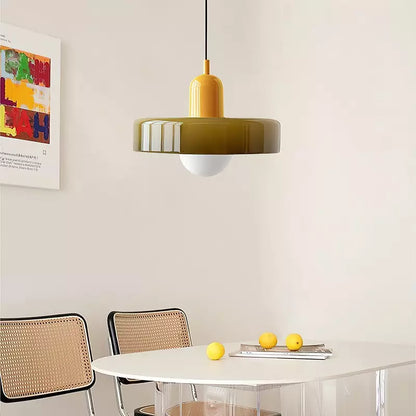 Bauhaus Pendant Light | Two-Tone Glass Ring Shade over Milky Globe, G9 | 9.8 or 13.8 in, 24 Color Combos