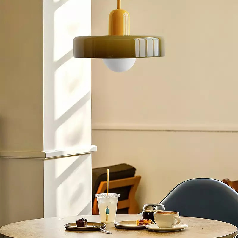 Bauhaus Pendant Light | Two-Tone Glass Ring Shade over Milky Globe, G9 | 9.8 or 13.8 in, 24 Color Combos