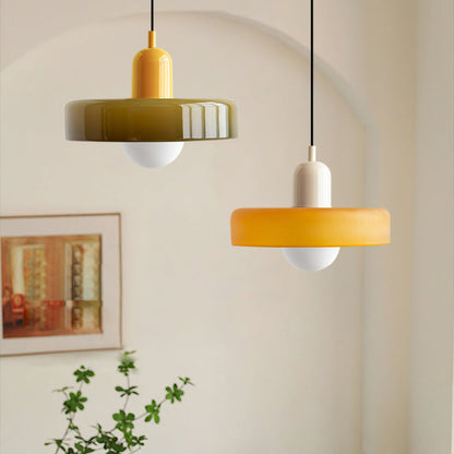 Bauhaus Pendant Light | Two-Tone Glass Ring Shade over Milky Globe, G9 | 9.8 or 13.8 in, 24 Color Combos