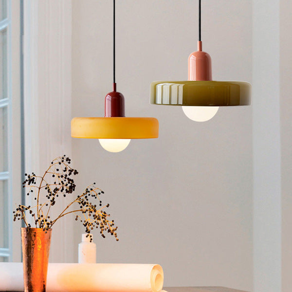 Bauhaus Pendant Light | Two-Tone Glass Ring Shade over Milky Globe, G9 | 9.8 or 13.8 in, 24 Color Combos