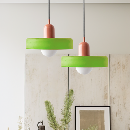 Bauhaus Pendant Light | Two-Tone Glass Ring Shade over Milky Globe, G9 | 9.8 or 13.8 in, 24 Color Combos