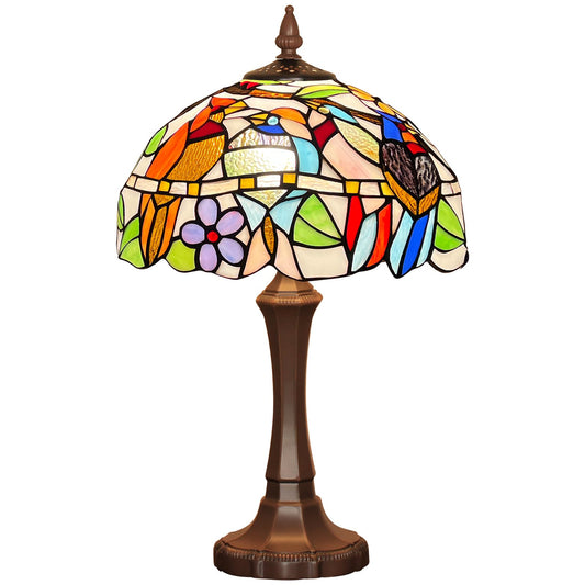 Tiffany-Style Table Lamp | 12 in Stained Glass Cardinal Birds Shade | Antique Bronze Base, 20 in Tall, E26