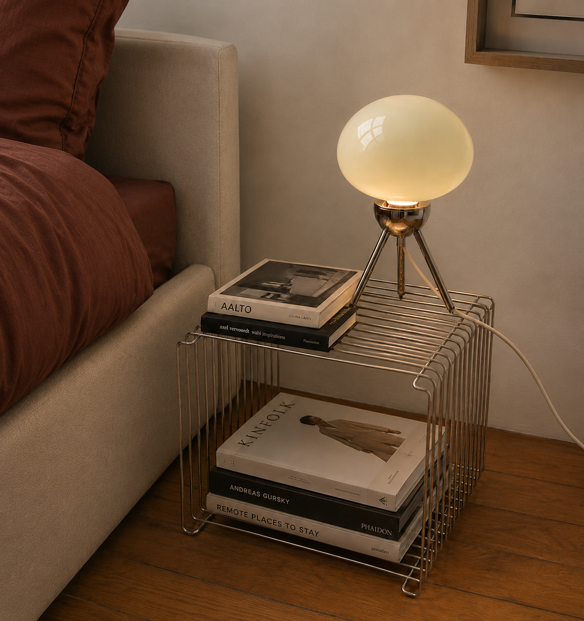 Glass Globe Table Lamp | Glossy Orb Shade on Polished Metal Tripod | 10-12 in Retro Lamp in Mint, Cream or Red