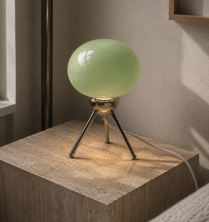 Glass Globe Table Lamp | Glossy Orb Shade on Polished Metal Tripod | 10-12 in Retro Lamp in Mint, Cream or Red