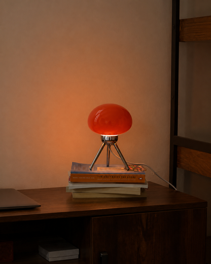 Glass Globe Table Lamp | Glossy Orb Shade on Polished Metal Tripod | 10-12 in Retro Lamp in Mint, Cream or Red