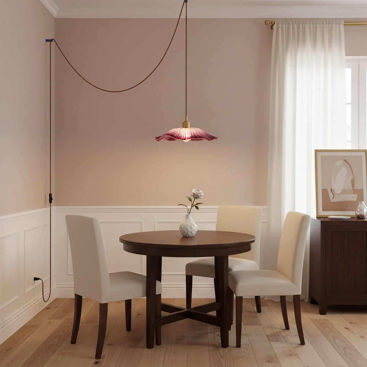 Flower Glass Pendant Light | 11 in Plug-In Shade in Pink, Clear or Green | 177 in Cord, Sloped Ceiling Ready
