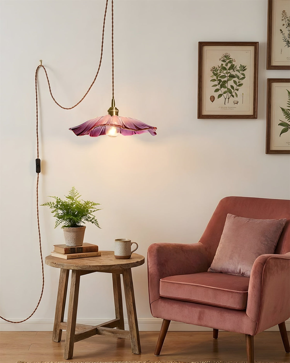 Flower Glass Pendant Light | 11 in Plug-In Shade in Pink, Clear or Green | 177 in Cord, Sloped Ceiling Ready