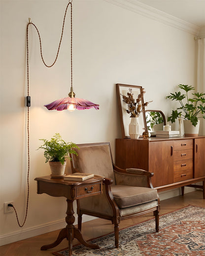 Flower Glass Pendant Light | 11 in Plug-In Shade in Pink, Clear or Green | 177 in Cord, Sloped Ceiling Ready