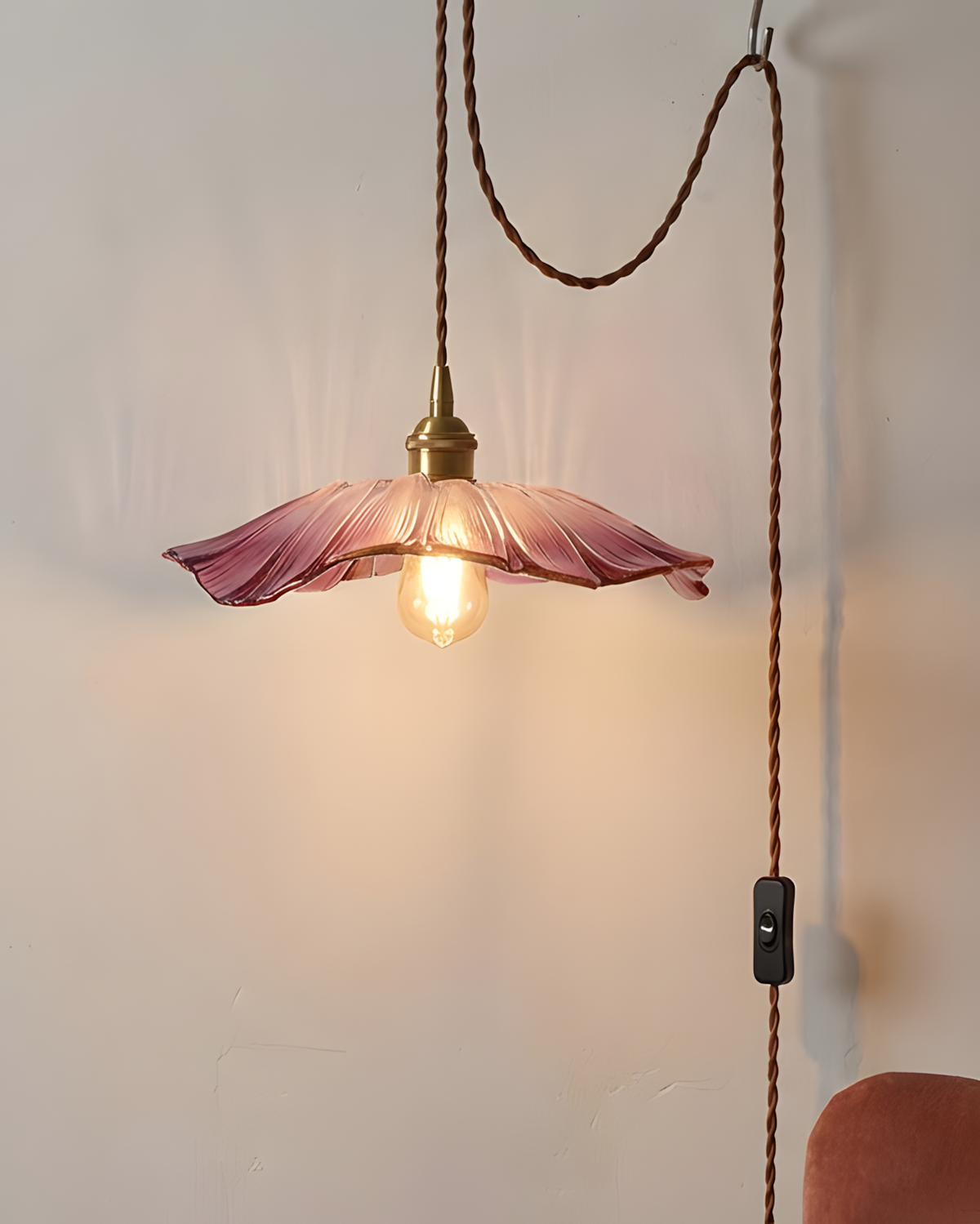 Flower Glass Pendant Light | 11 in Plug-In Shade in Pink, Clear or Green | 177 in Cord, Sloped Ceiling Ready